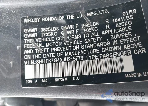 2018 Honda Civic Sport из США, поврежденный, VIN SHHFK7G4XJU215778